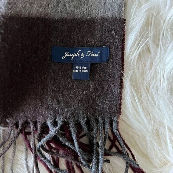 Joseph & Feiss Unisex Scarf 100% Wool Rectangle Plaid Merlot Gray Tassels - Picture 2 of 3